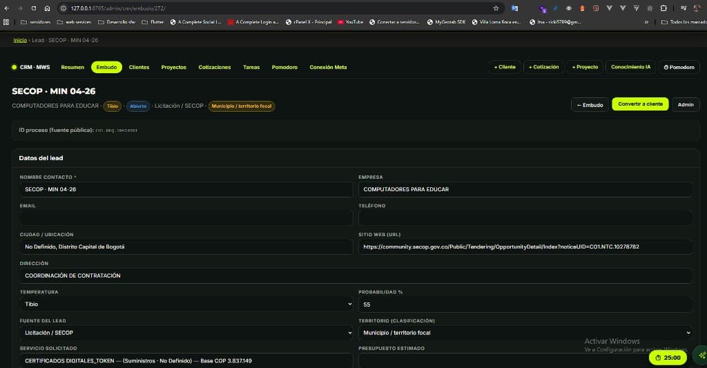 CRM MWS — detalle de lead