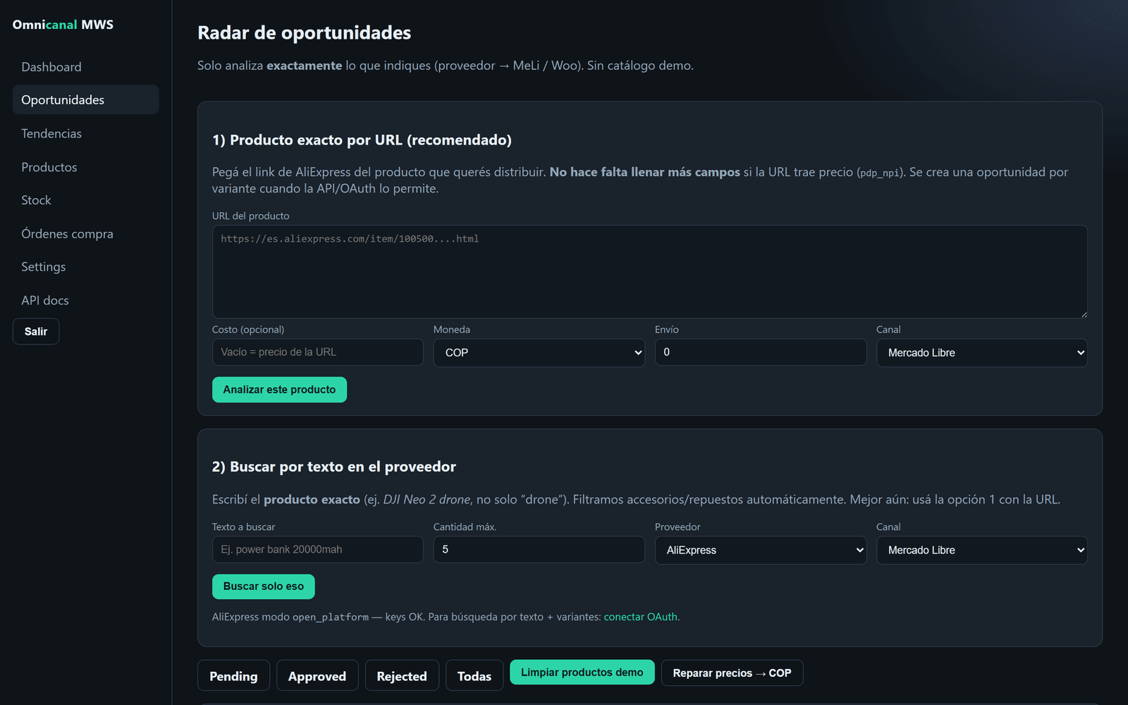 Omnicanal MWS — radar de oportunidades AliExpress/MeLi
