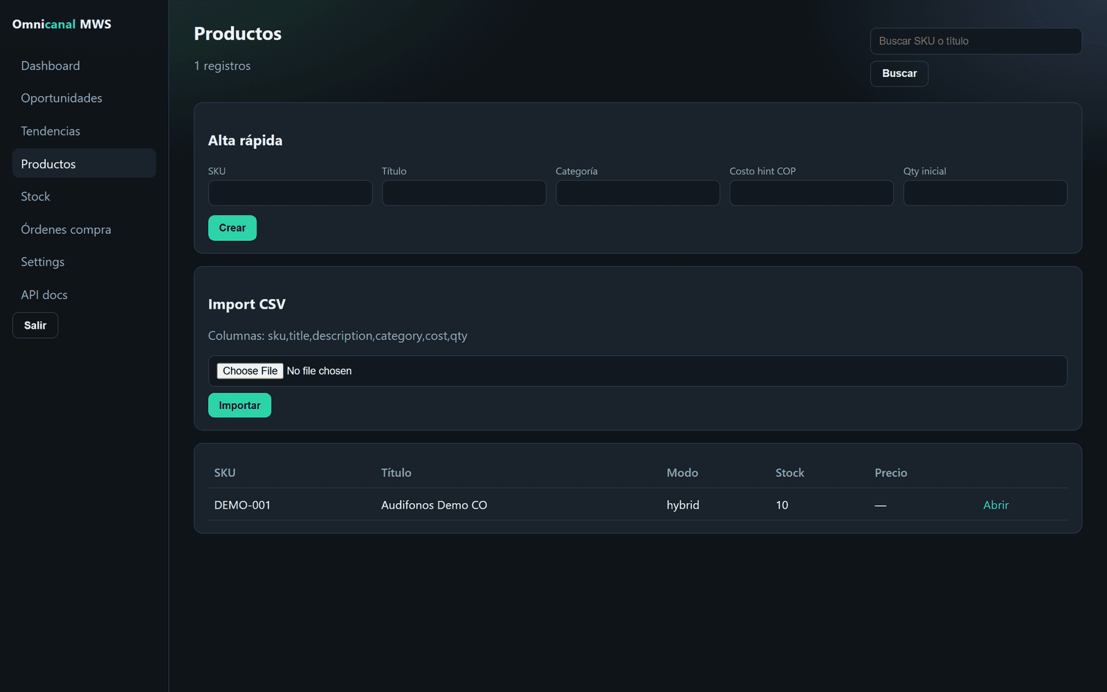Omnicanal MWS — catalogo de productos