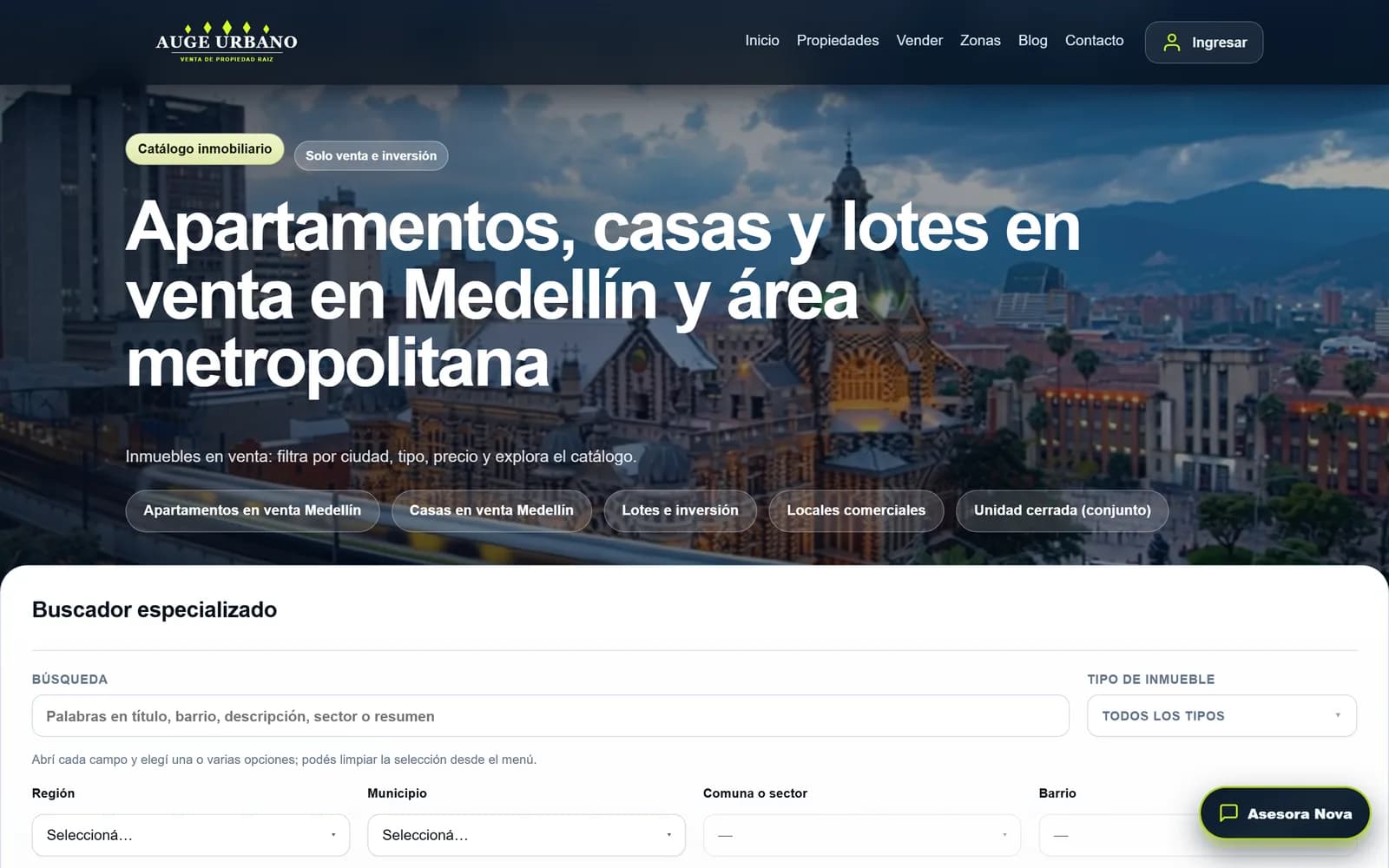 Auge Urbano — catalogo con buscador especializado por region, municipio, comuna y barrio