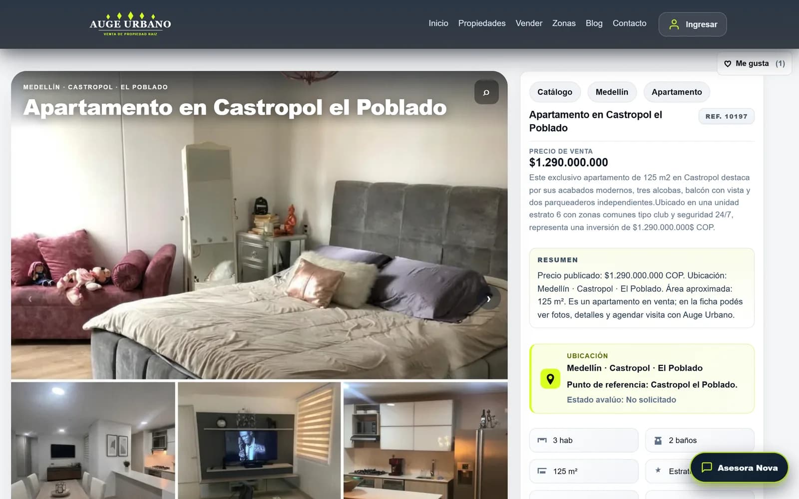 Auge Urbano — ficha de propiedad con galeria, resumen citable y datos de avaluo