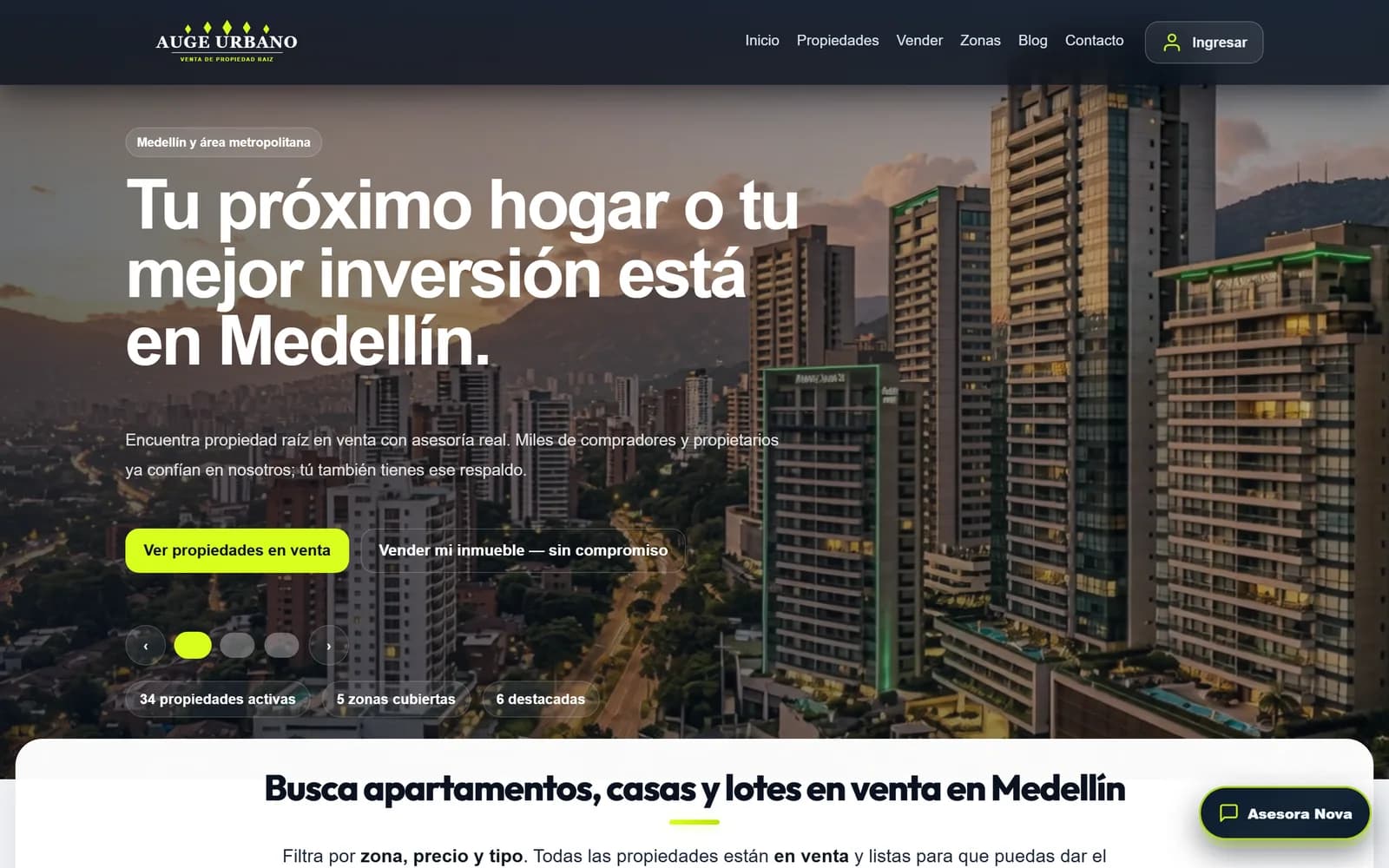 Auge Urbano — home con hero rotativo y contadores de catalogo