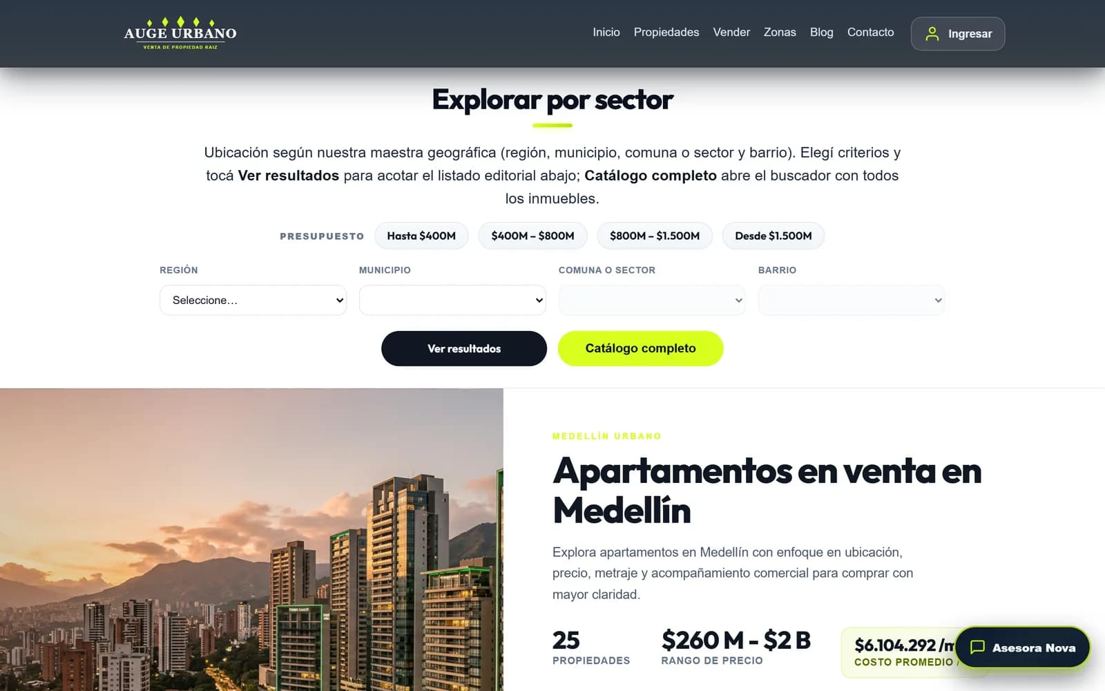 Auge Urbano — exploracion por sector con rangos de precio y costo por m2