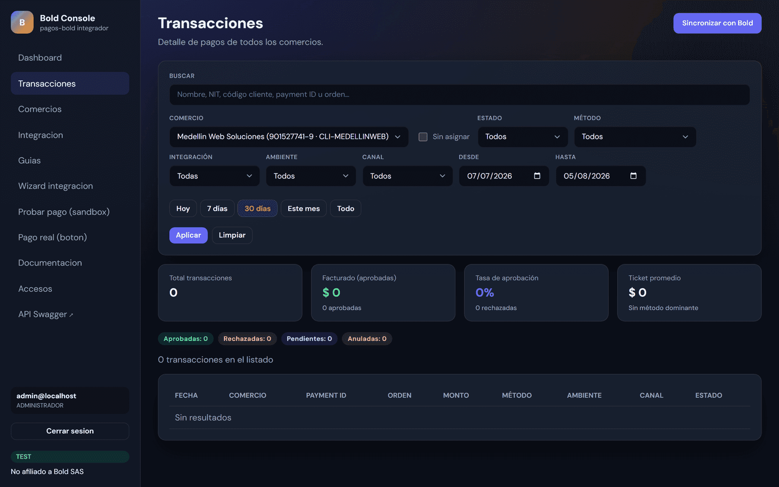 Bold Console — listado de transacciones