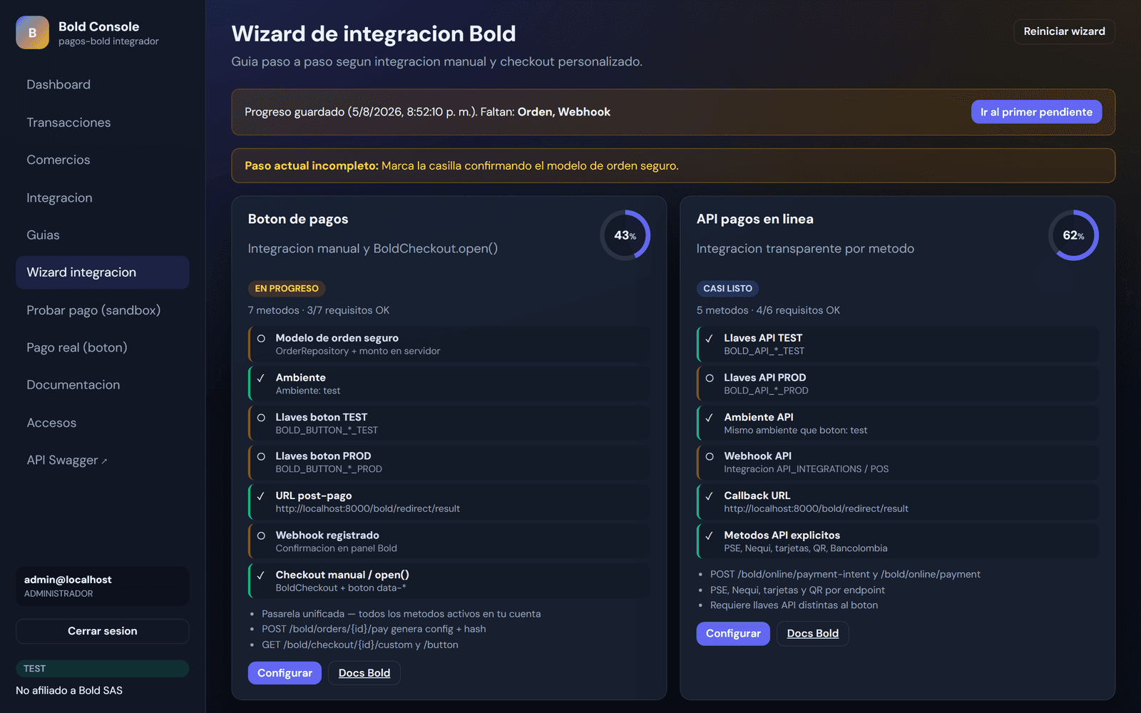 Bold Console — wizard de integracion
