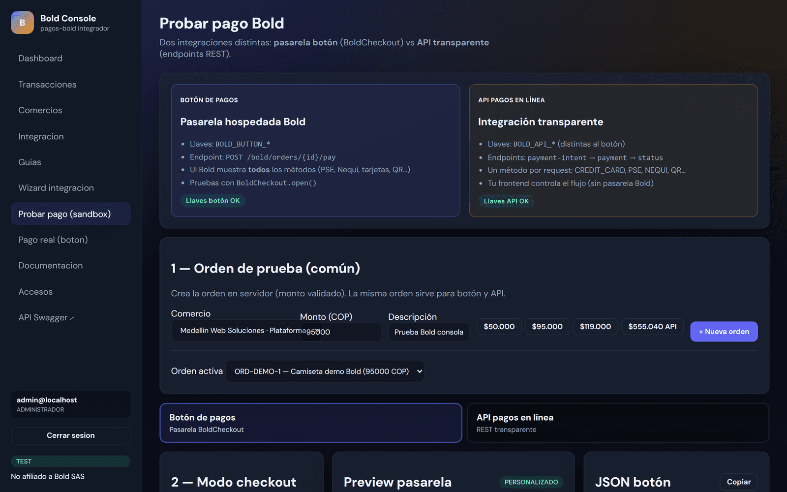 Bold Console — probar pago sandbox