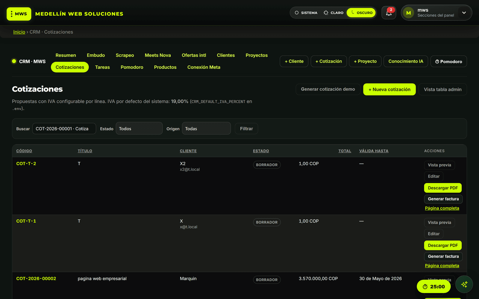 CRM MWS — cotizaciones en el admin
