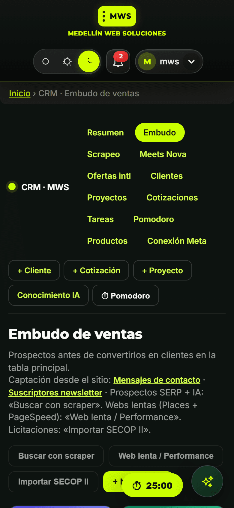 CRM MWS — embudo en mobile
