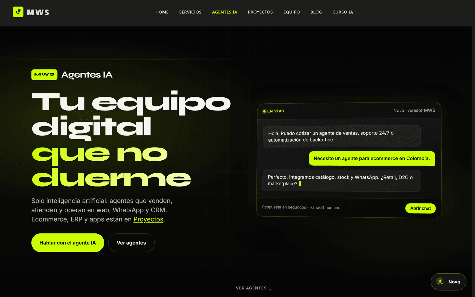 MWS — pagina Agentes IA con atencion Nova